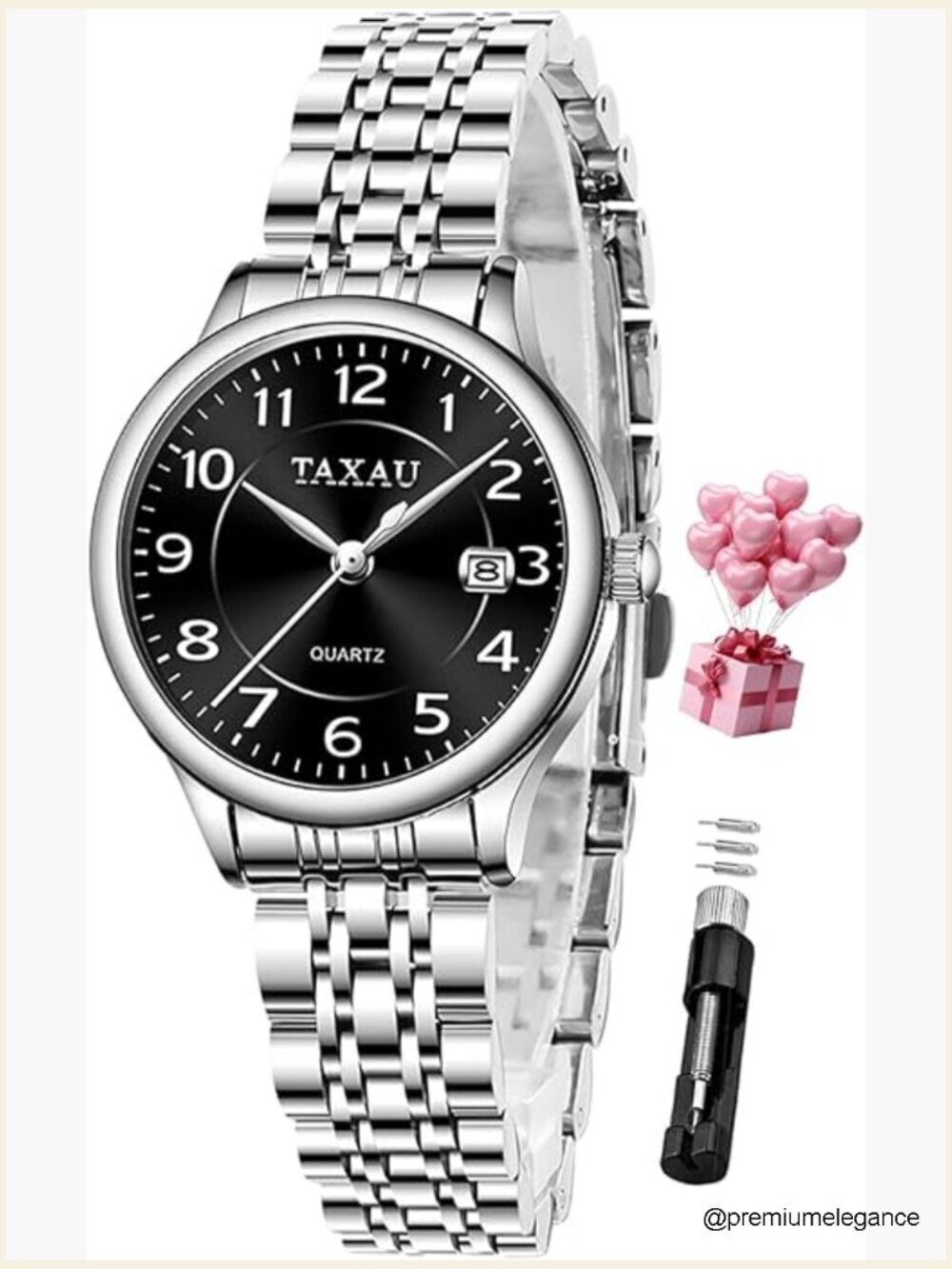 Women's Analog Quartz Wrist Watch with Date - Silver Stainless Steel, White